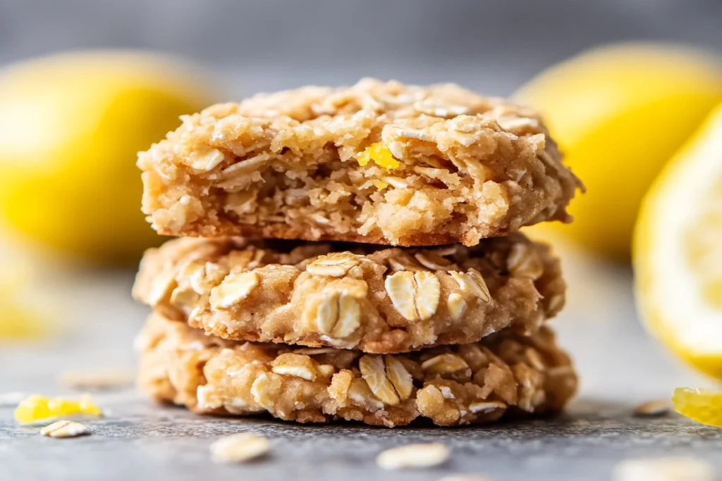 Close-up of a Lemon Oatmeal No-Bake Cookie with a bite taken out.