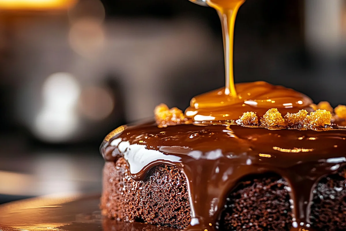 Smooth chocolate ganache and caramel sauce drizzled over a cake.