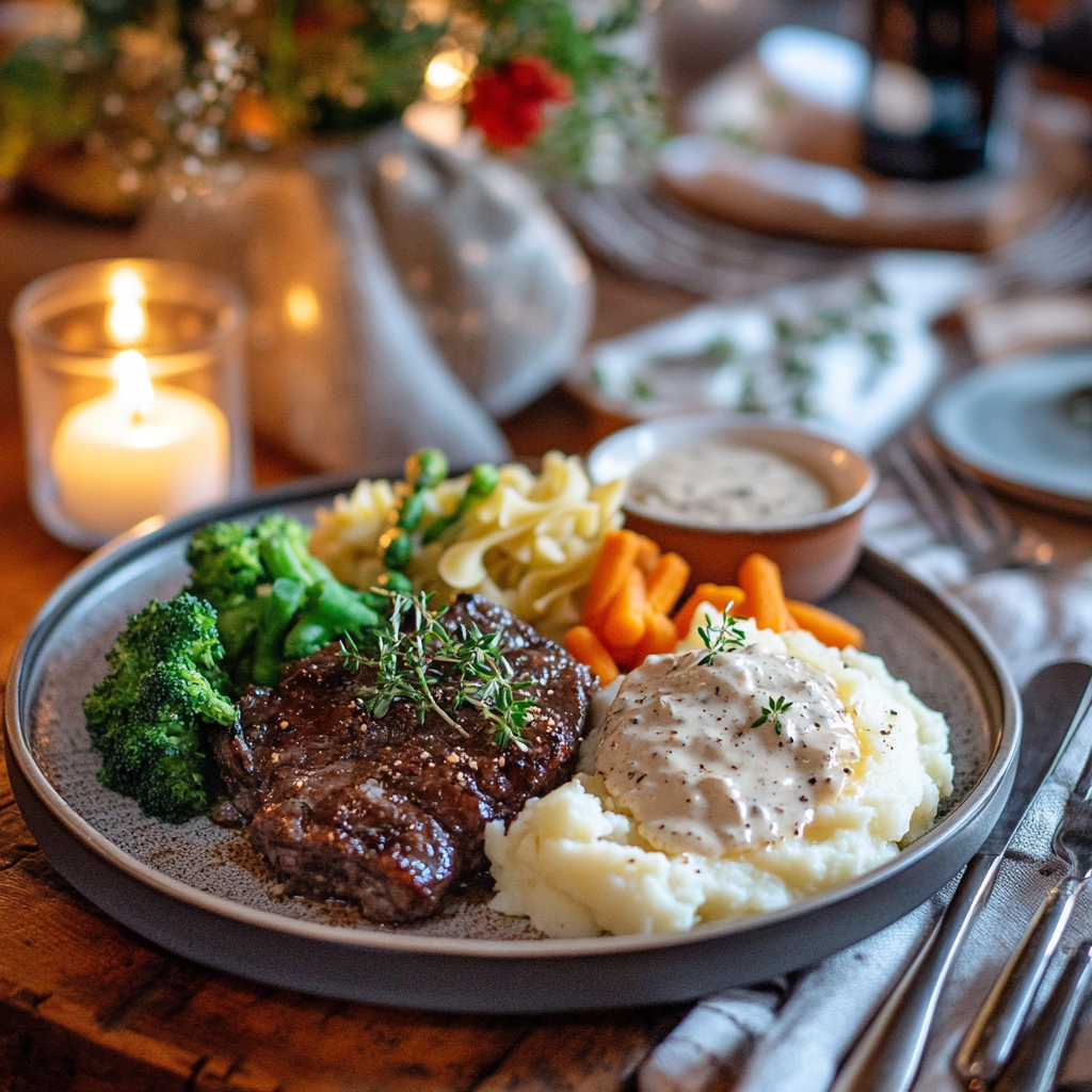 Slow Cooker Ranch Beef Chops served with mashed potatoes and vegetables