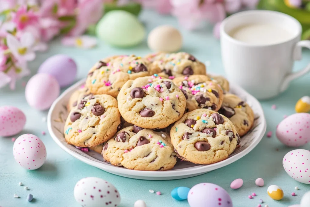 Festively decorated Easter Chocolate Chip Cookies on a platter.