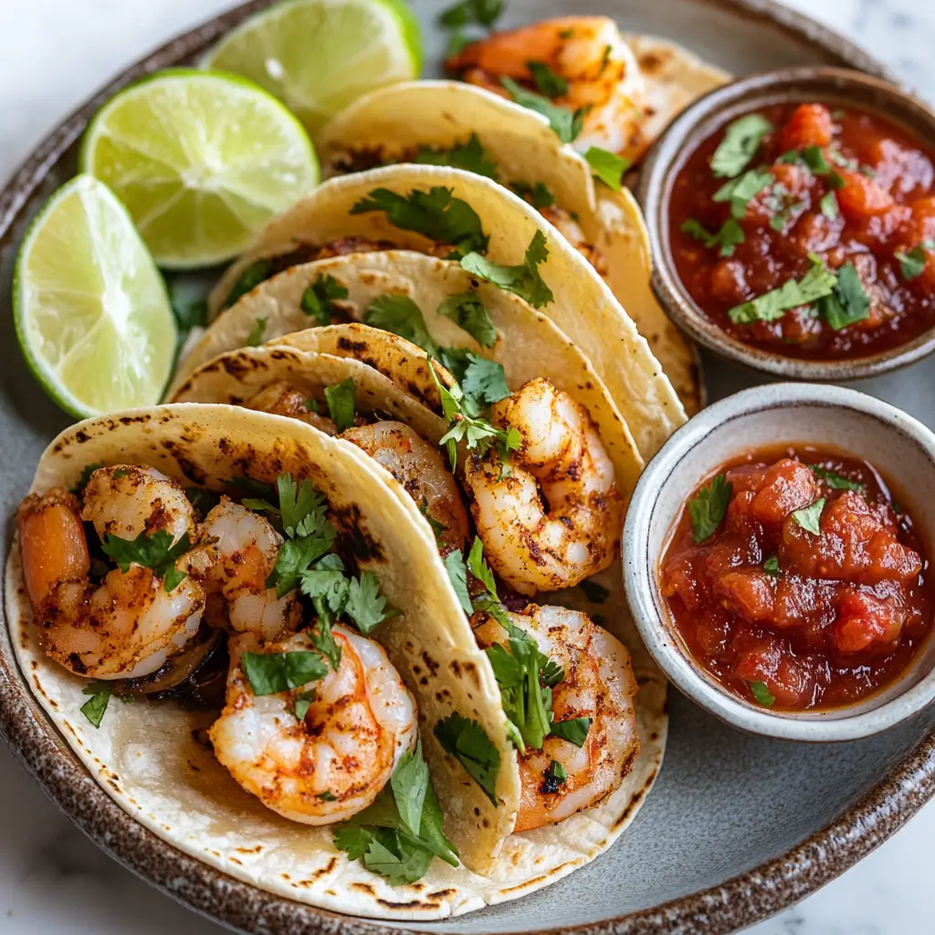 Spicy Shrimp Tacos Recipe 2 A plate of spicy shrimp tacos served with lime and salsa