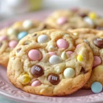 Easter Chocolate Chip Cookies with pastel candy decorations.