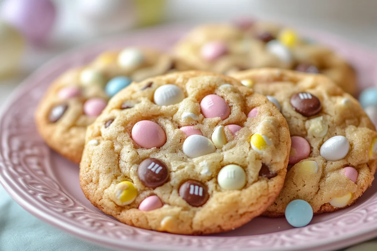 Easter Chocolate Chip Cookies with pastel candy decorations.