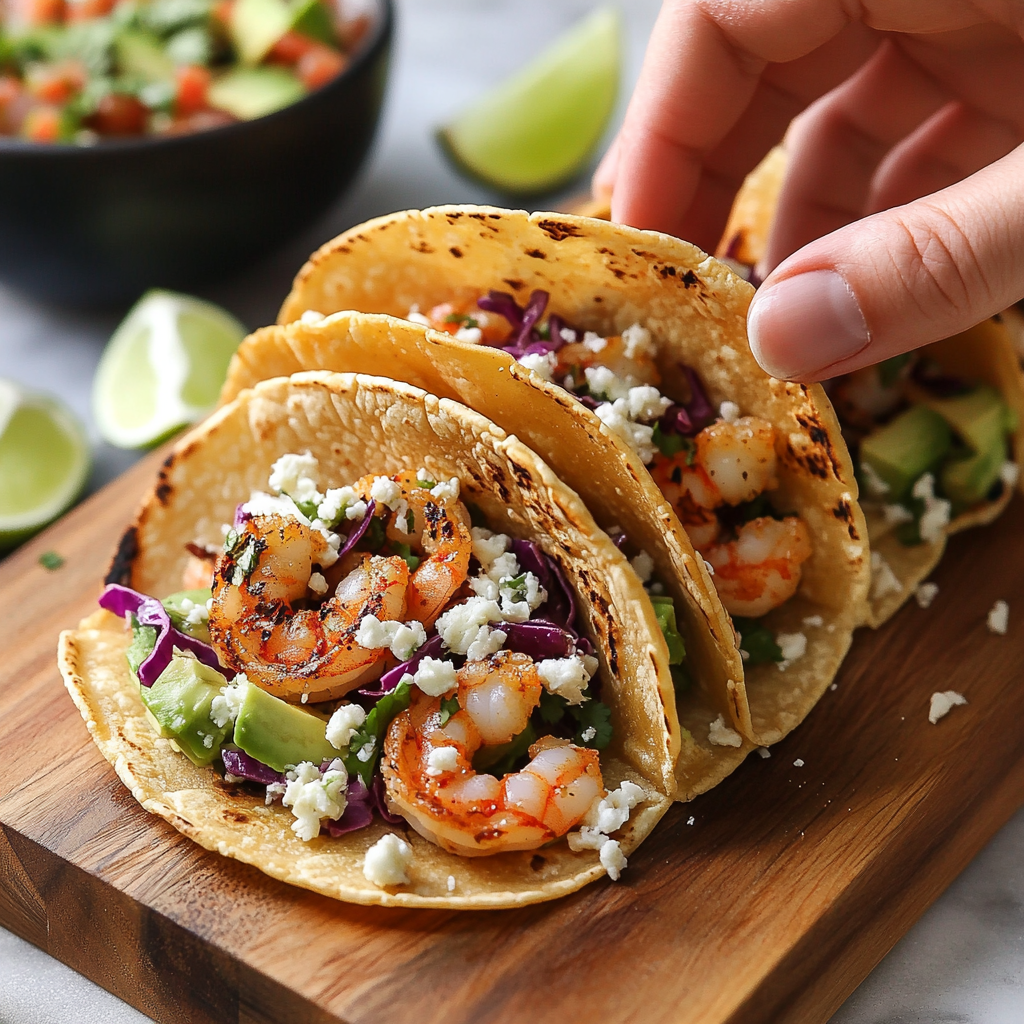 Spicy Shrimp Tacos Recipe 3 A person assembling spicy shrimp tacos with slaw and avocado
