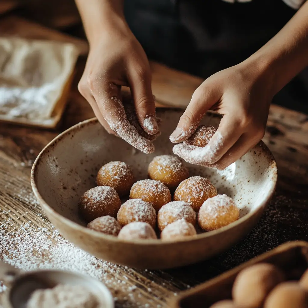 Donut balls being coated in cinnamon sugar.