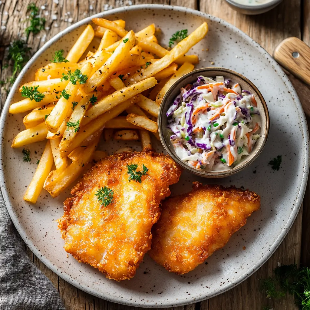 Crispy air fryer fish served with fries, coleslaw, and tartar sauce