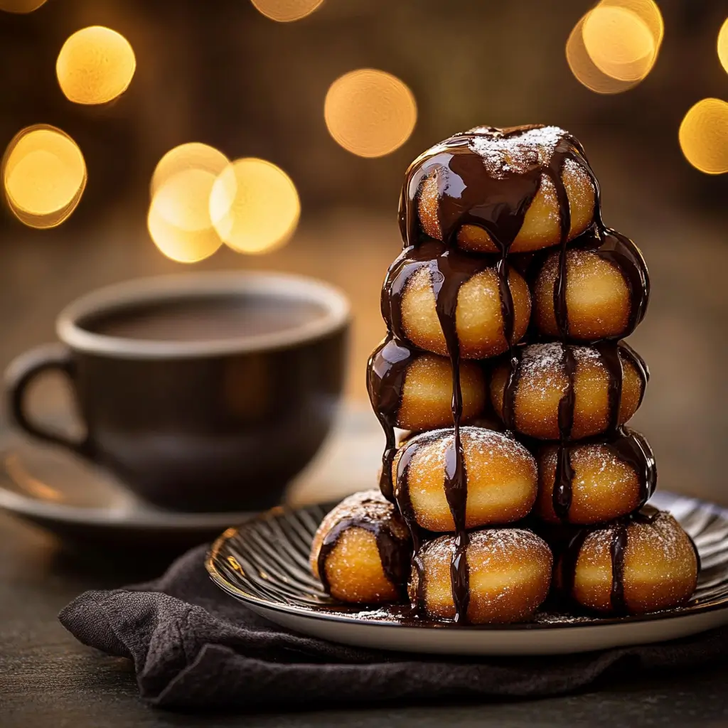 Donut balls served with chocolate drizzle.
