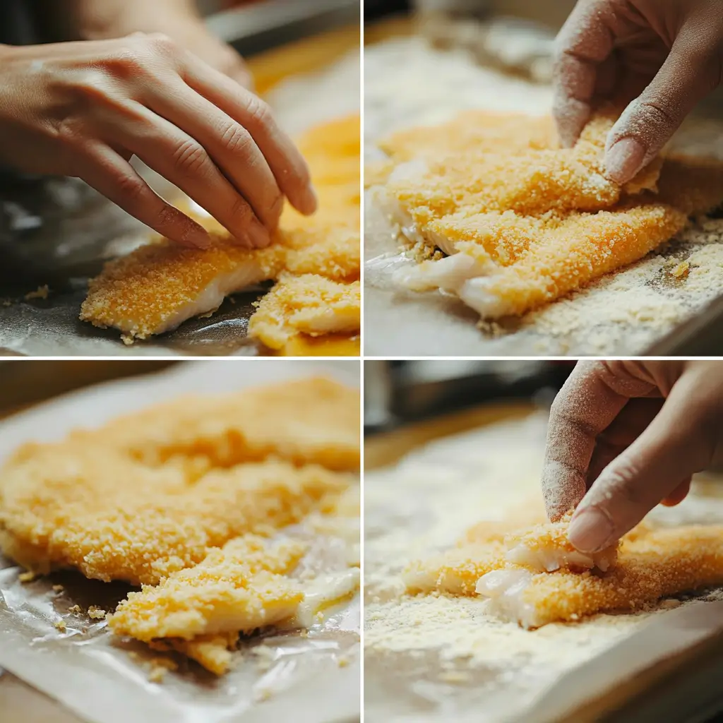Step-by-step process for coating fish fillets in flour, egg, and panko breadcrumbs.