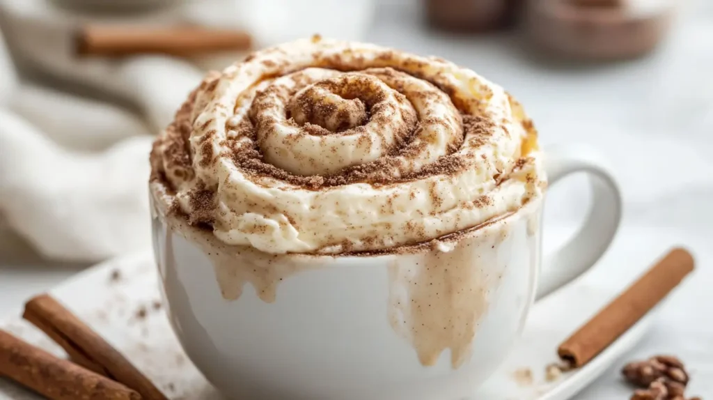 Freshly made Cinnamon Roll Mug Cake with icing