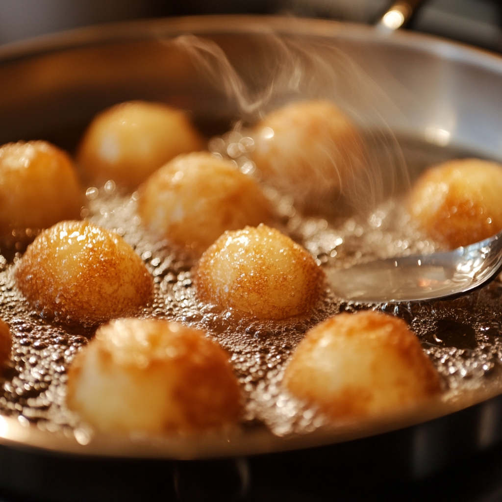 Donut balls frying in hot oil.