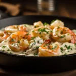 Freshly baked garlic shrimp gratin with golden cheese