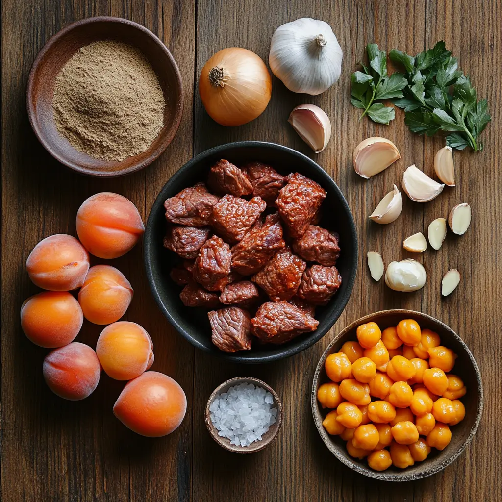 The Best Beef Tagine Moroccan Recipe 3 Ingredients for Moroccan beef tagine laid out on a wooden board
