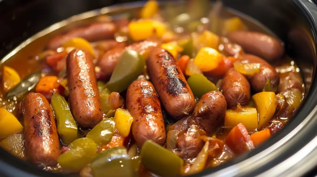 Hot dogs in a crock pot with steam rising, served with condiments.