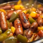Hot dogs in a crock pot with steam rising, served with condiments.