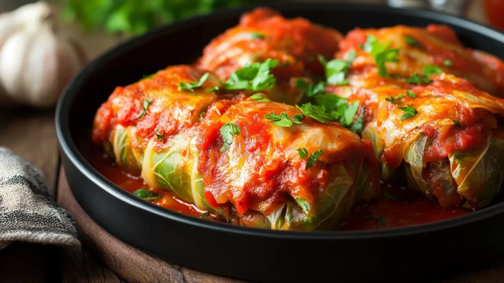 Italian stuffed cabbage rolls served with tomato sauce and Parmesan.