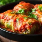 Italian stuffed cabbage rolls served with tomato sauce and Parmesan.
