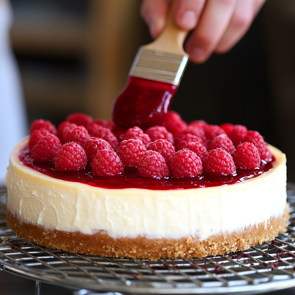Topping raspberry cheesecake with fresh berries and jam glaze