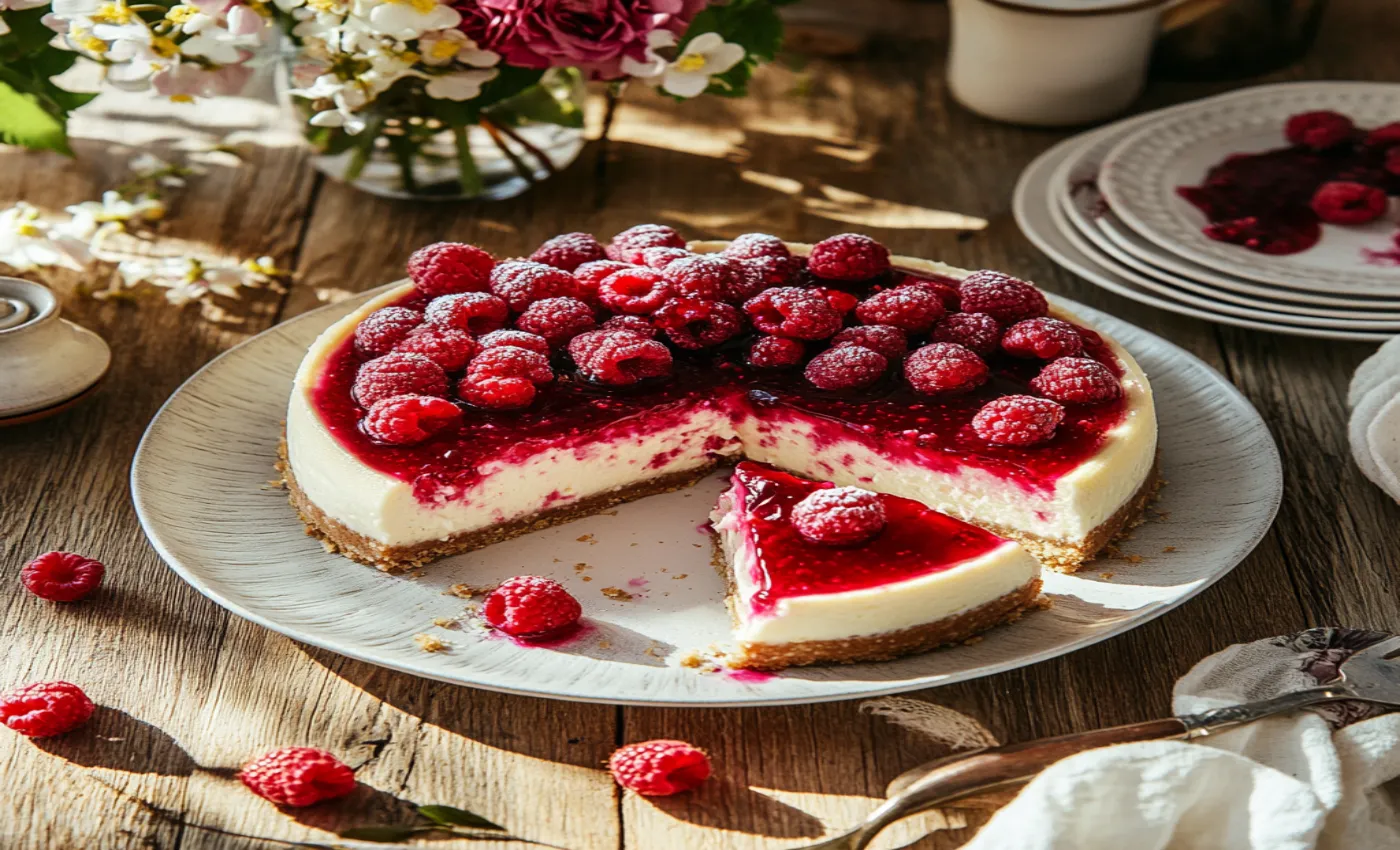 Pink velvet raspberry cheesecake topped with fresh raspberries and glossy raspberry jam