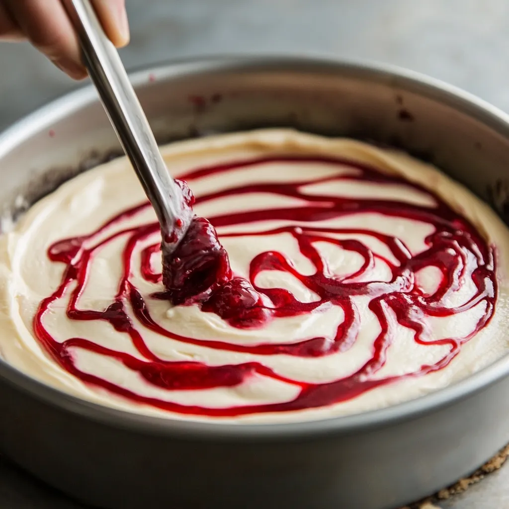 Swirling raspberry sauce into cheesecake batter.