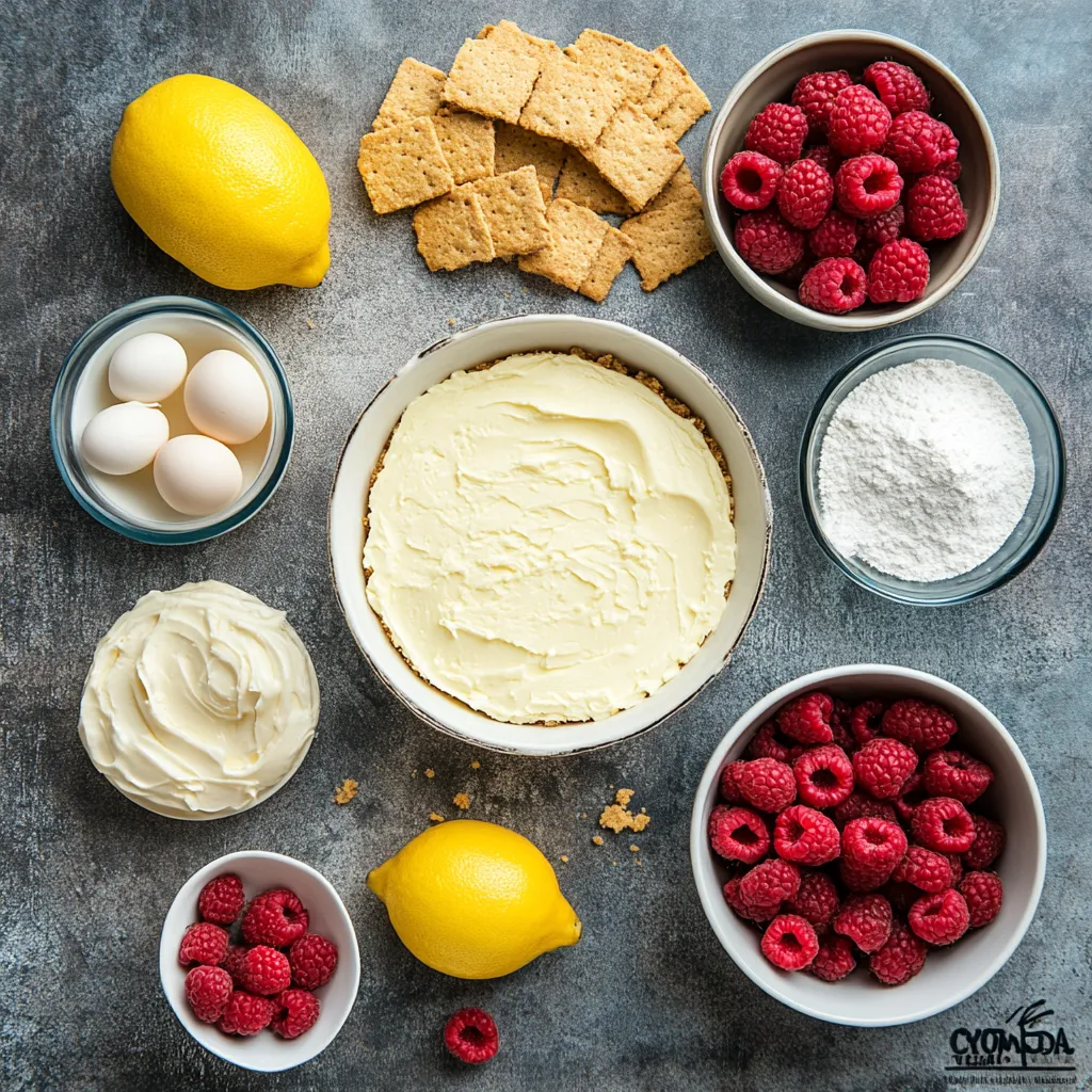 Ingredients for Raspberry Cheesecake Bliss laid out on a countertop.