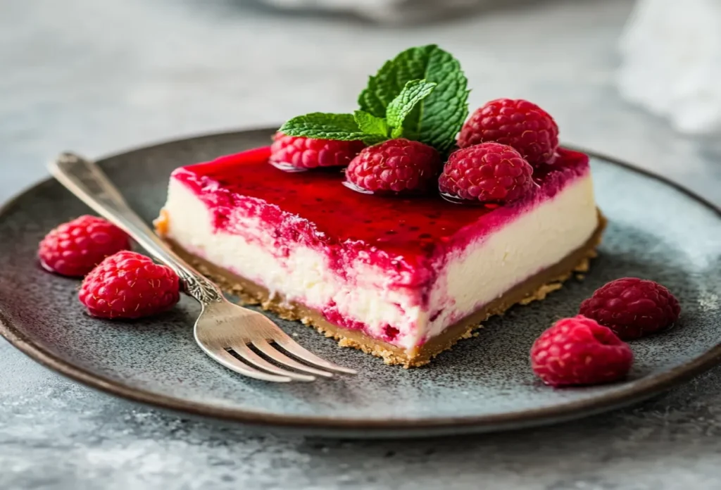 Slice of Raspberry Cheesecake Bliss served on a plate.