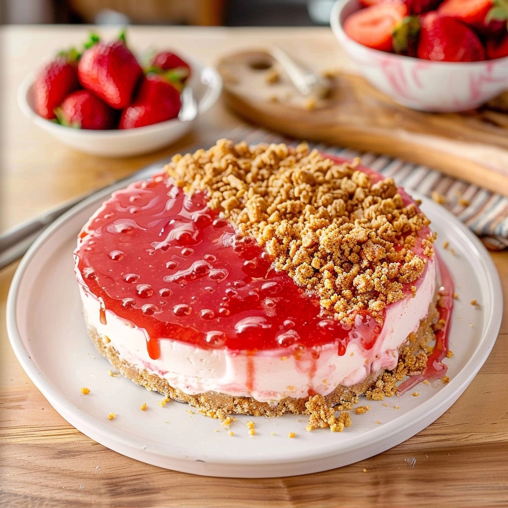 No Bake Strawberry Crunch Cheesecake Topped With Strawberry Puree