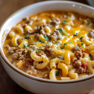 One-Pot Creamy Cheeseburger Macaroni Soup with Ground Beef and Melted Cheese